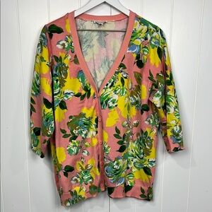 Isaac Mizrahi Womens Cardigan S/M Pink Yellow Floral 3/4 Sleeves Button Up Color